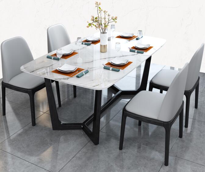 意式極簡巖板餐桌椅組合后現(xiàn)代巖板飯桌小戶型餐廳 實(shí)木餐桌餐1.4米一桌六椅（雪花白）